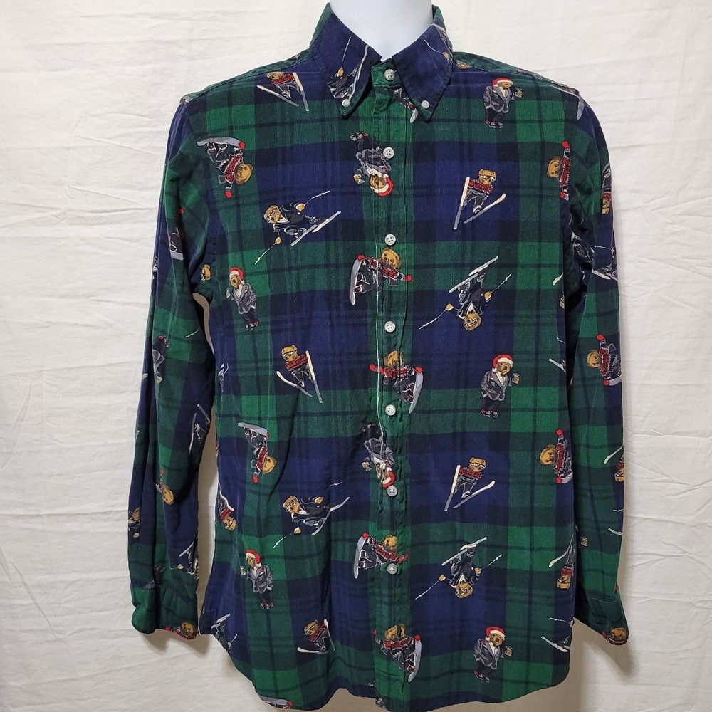Polo Ralph Lauren Size M Classic Fit Skiing Bear Corduroy Shirt Blackwatch Plaid